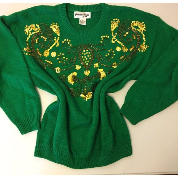 Vintage 80s Green Gold Sweater St Patricks Day Fighting Irish Beaded Sequins (BT - Picture 10 of 16